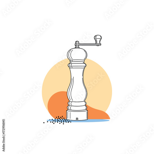 A vintage pepper mill with peppercorns and a sun disc background.