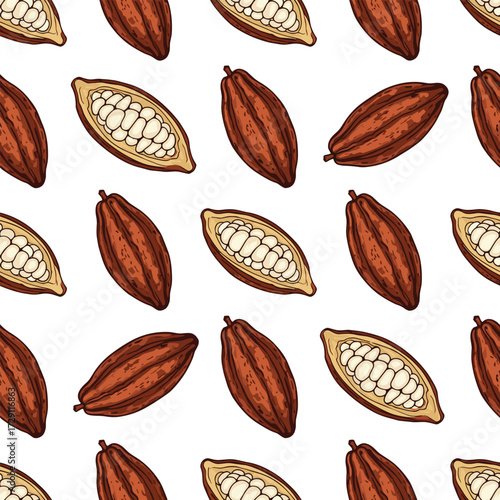 Seamless pattern of cacao pods and their cut halves.