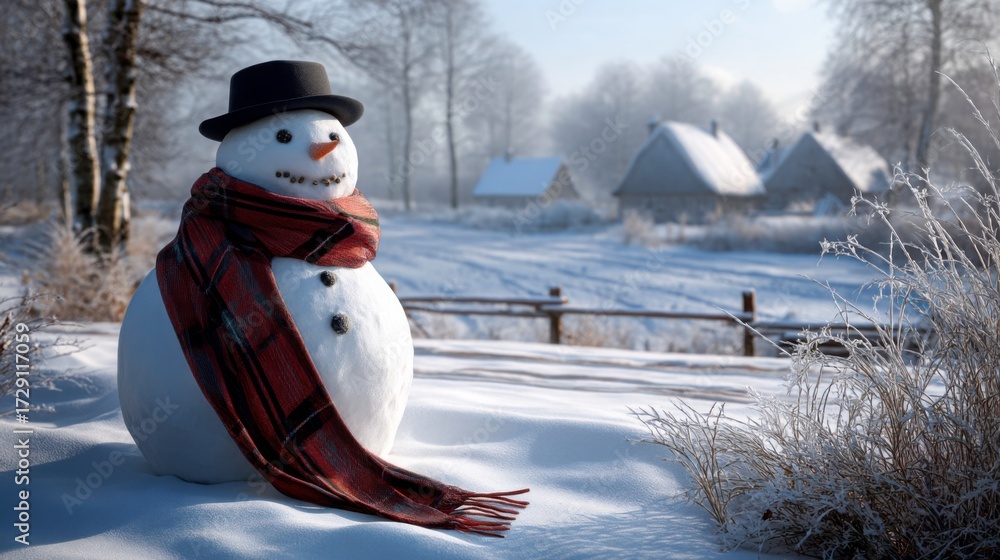 Obraz premium Winter wonderland snowman in serene village nature scene tranquil setting captured in frosty morning light