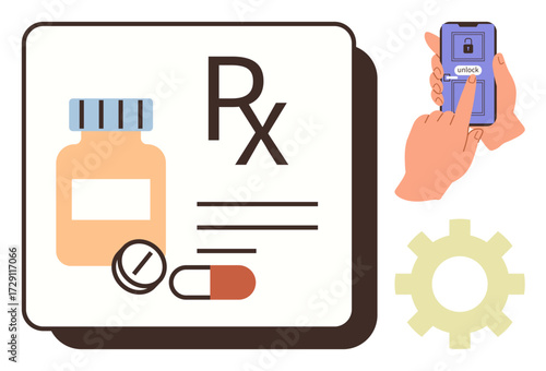 Medicine bottle, pills, and Rx beside a hand unlocking a smartphone. Ideal for healthcare, technology, pharmacy, innovation, patient safety telemedicine automation. Simple flat metaphor