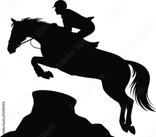 Equestrian jumping over obstacle silhouette horse rider