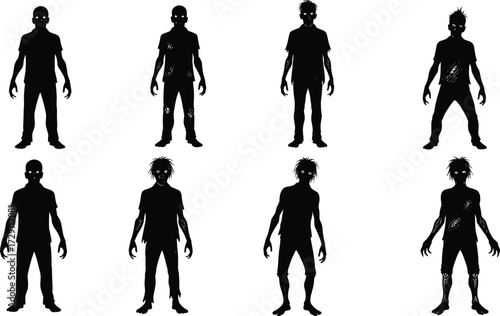 Set of zombie vector silhouettes featuring scary undead figures, horror poses, creepy walking stances, Halloween monsters, and apocalyptic creatures.