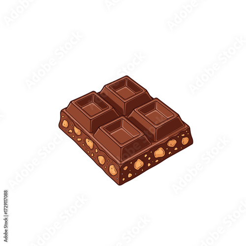 A piece of chocolate bar with nuts on a white background.