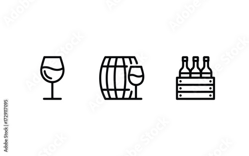 Set of three line art icons representing wine elements for vector graphics eps format silhouette vector illustration white background
