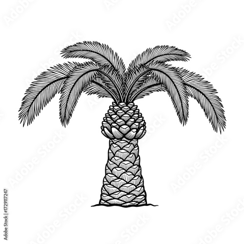 A detailed illustration of a palm tree with a textured trunk and large fronds.