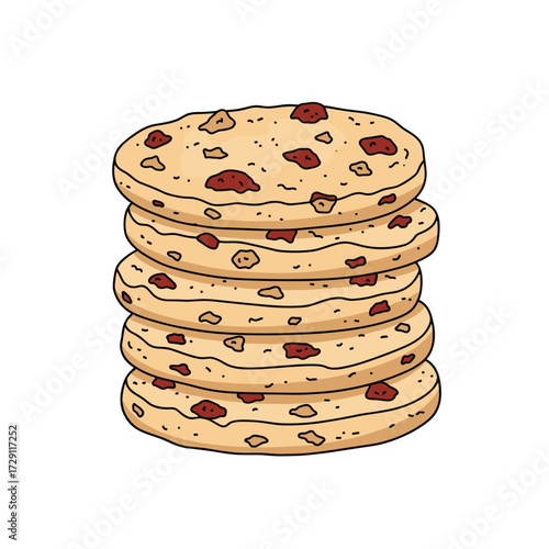 A stack of five delicious chocolate chip cookies on a white background.