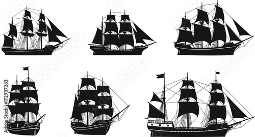 Silhouettes of classic tall ships and galleons with sails and rigging, ideal for nautical, maritime, history, and adventure themes.