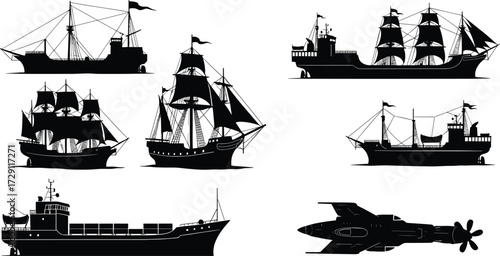 Silhouettes of historic sailing ships, modern cargo vessels, and submarine, representing maritime evolution from tall-masted galleons to naval technology.
