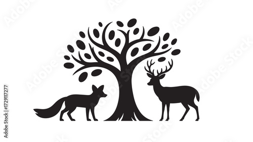 Elegant silhouette of a tree fox and deer minimalist vector illustration for nature conservation and wildlife design projects isolated on white background