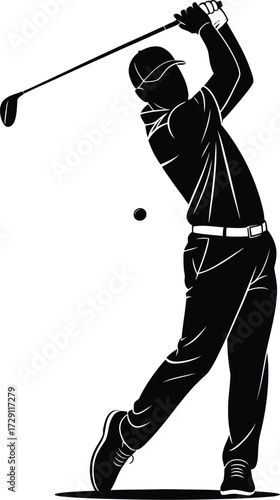 Golfer swinging club hitting ball sport
