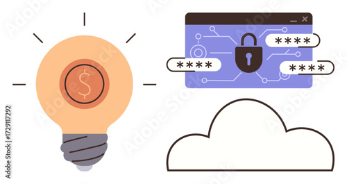 Light bulb with a dollar symbol, secure padlock interface with passwords, and cloud shape. Ideal for technology, security, finance, innovation, data storage, digital transformation simple flat