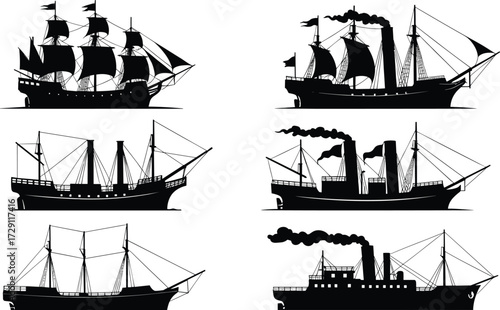 Silhouettes of vintage sailing ships and early steamships with sails, smokestacks, and rigging, ideal for nautical and history themes.
