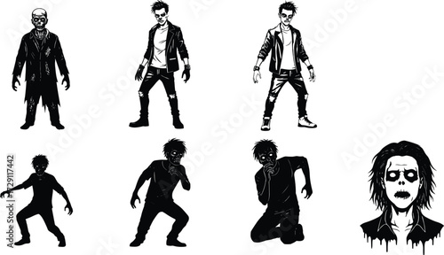 Stylized horror zombies set with creepy undead figures, modern ghouls, spooky monsters, scary shadows, and terrifying evil creature silhouettes.