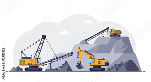 Mining Operation Excavators and Machinery at Work Vector Illustration