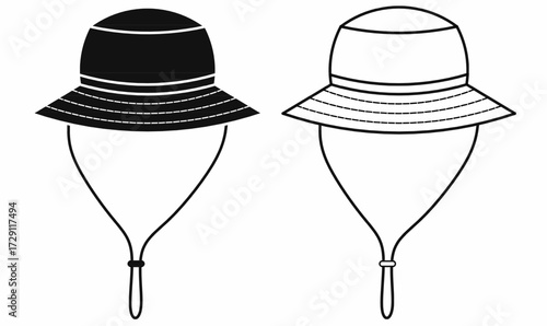 vector boonie hat illustration with chin strap, wide brim outdoor military cap design for camping, fishing, hiking, adventure, and fashion use.booney hat icon with outline and silhouette.