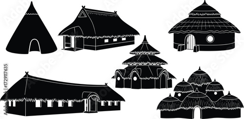 Tribal hut silhouette vector illustration set with traditional houses, African round huts, indigenous shelters, cultural dwellings, ethnic architecture, village homes.