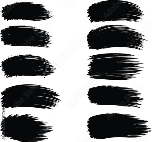 Vector brush streaks pack marker ink strokes grunge. Collection of vector paint bold brush strokes, hand drawn thick grunge lines and rectangle shapes...