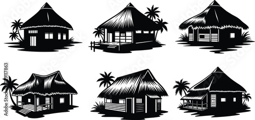 Tropical hut silhouette vector illustration set with palm trees, beach cottages, island bungalows, summer houses, seaside lodges, and exotic villas.