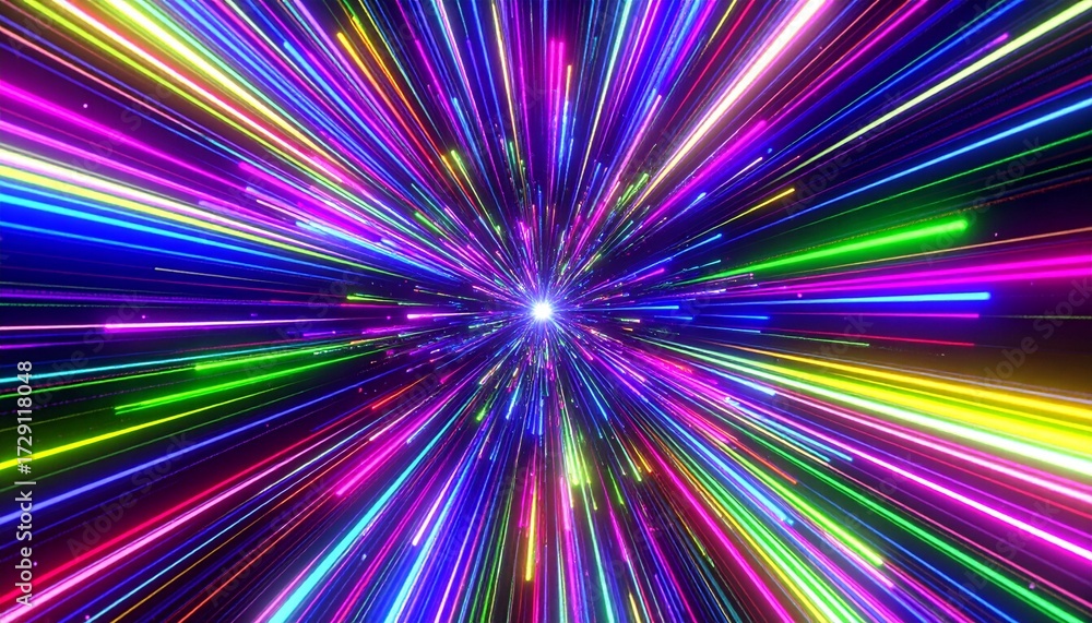 Fototapeta premium Vibrant Colorful Light Streaks Warp Tunnel Abstract Party Background 鮮やかな多色の光の筋のワープトンネル