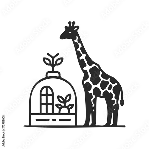 Drawn giraffe beside dome terrarium with plants
