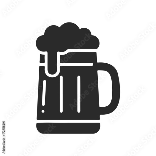 Black and white beer mug icon with foam overflow on handle