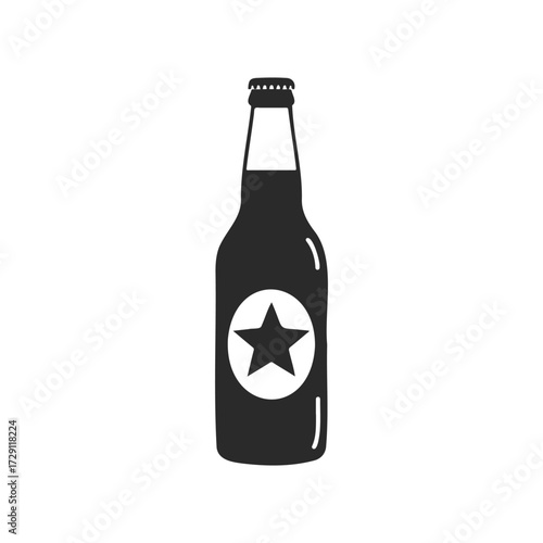 Monochrome icon of a beer bottle with star label on white background