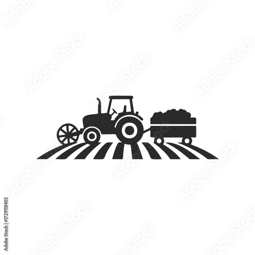 Silhouette of tractor on farmland with trailer in minimalist design