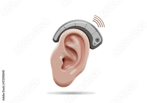 Modern Hearing Aid Device on Human Ear Isolated Digital Illustration