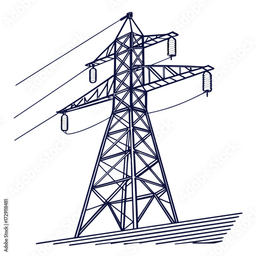 A simple line drawing of a tall electricity pylon with wires against a white background