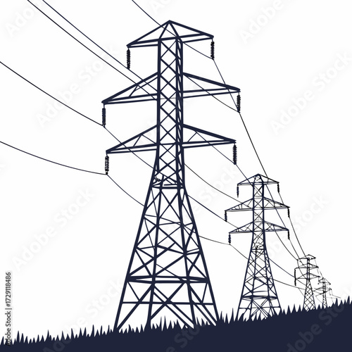 A line of dark blue electricity pylons with wires stretching across a white background over grass