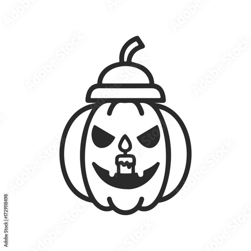 Spooky halloween pumpkin outline with scary face and stem cap