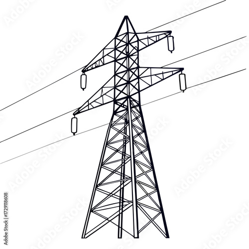 Black and white line drawing of a tall electricity pylon with power lines against a white background