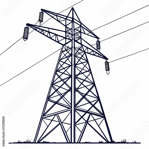 A stylized line drawing of a tall electricity pylon with wires stretching across a white background