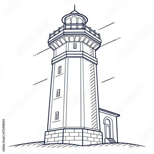 Classic lighthouse structure with a lantern room and attached building rendered in a clean outline drawing style