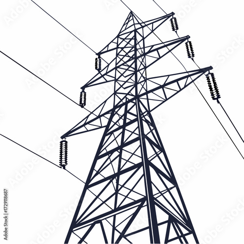 Detailed silhouette of a high voltage electricity pylon tower with power lines against white background
