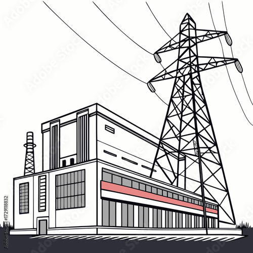 Industrial power plant building with a large electricity pylon and transmission lines against a white background