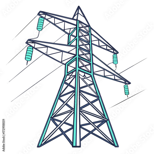 Illustration of a tall electricity pylon with teal accents and power lines against a white background