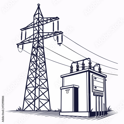 Illustration of a power line tower and an electrical transformer box with wires connecting them