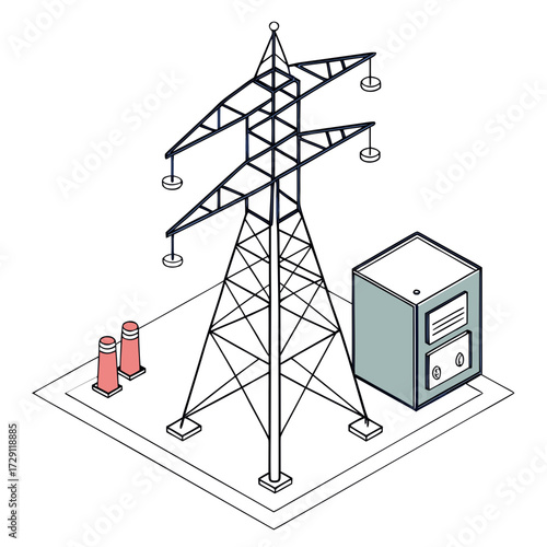 Isometric illustration of an electricity pylon with a substation and warning cones on a white background
