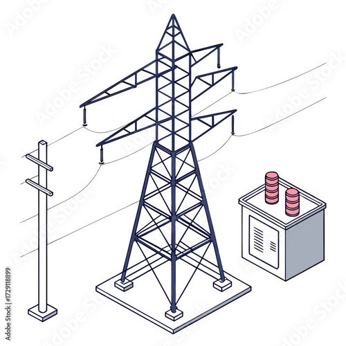 Isometric illustration of a large electricity pylon with transmission lines and a small substation building
