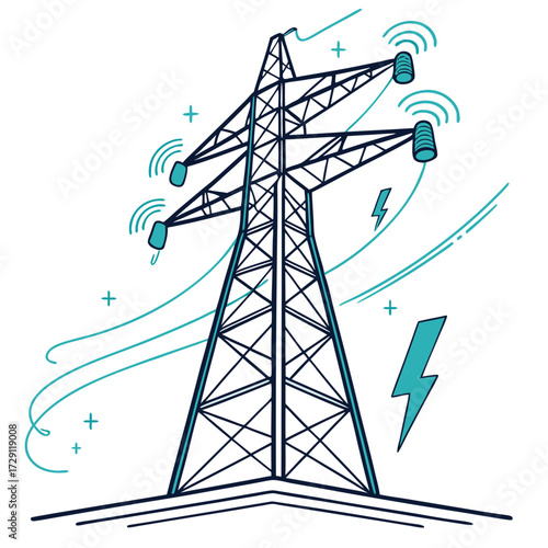 Modern electricity pylon with wireless signal transmission and lightning bolt energy symbols