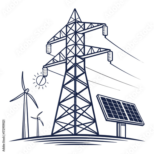Modern renewable energy sources including wind turbines and solar panels connected to a power line tower