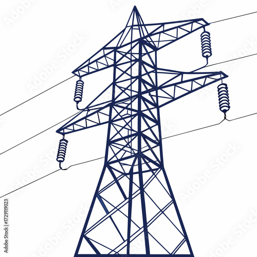 Modern industrial transmission tower with electrical wires and insulators against a white background