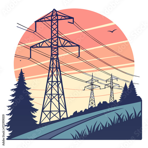 Power transmission towers stand tall against a vibrant sunset in a stylized landscape with pine trees and rolling hills