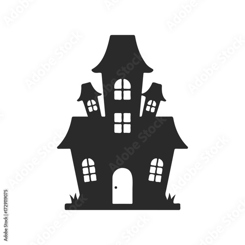 Silhouette of a haunted house with arched windows and gabled roof