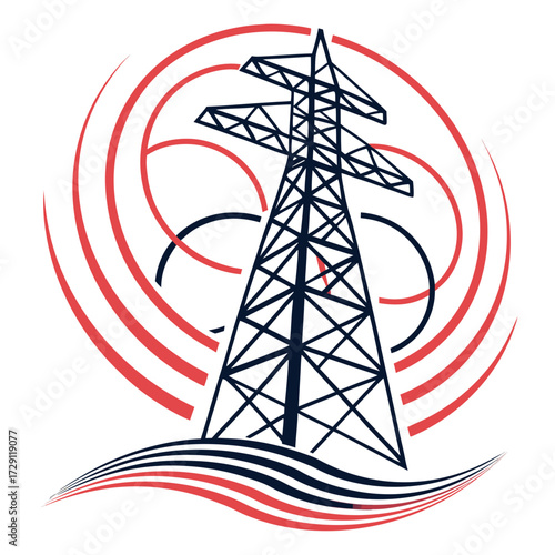Modern stylized illustration of an electrical pylon with radiating waves and abstract ground lines