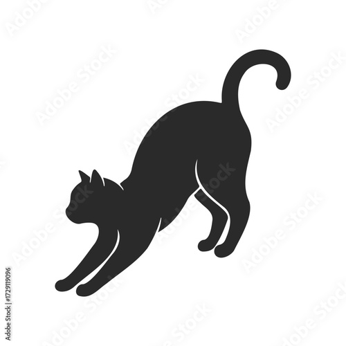 Silhouette of a stretching cat in a dynamic pose on white background