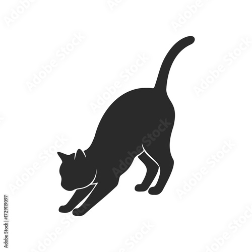 Silhouette of stretching cat on white background