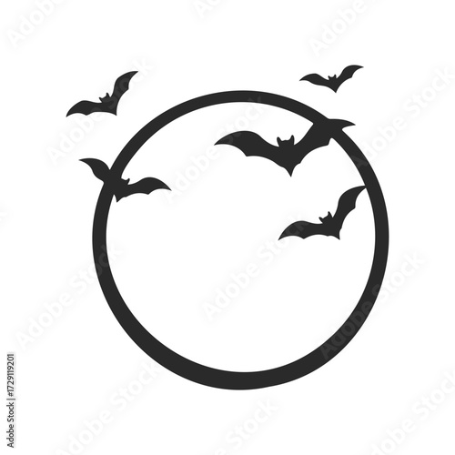 Bat silhouettes flying around a circular symbol on white background
