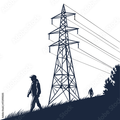 Silhouette of people walking on a grassy hill beneath a large electricity pylon and power lines